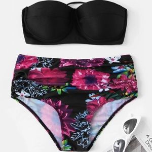 Black Top With Floral Print High Waist Bikini